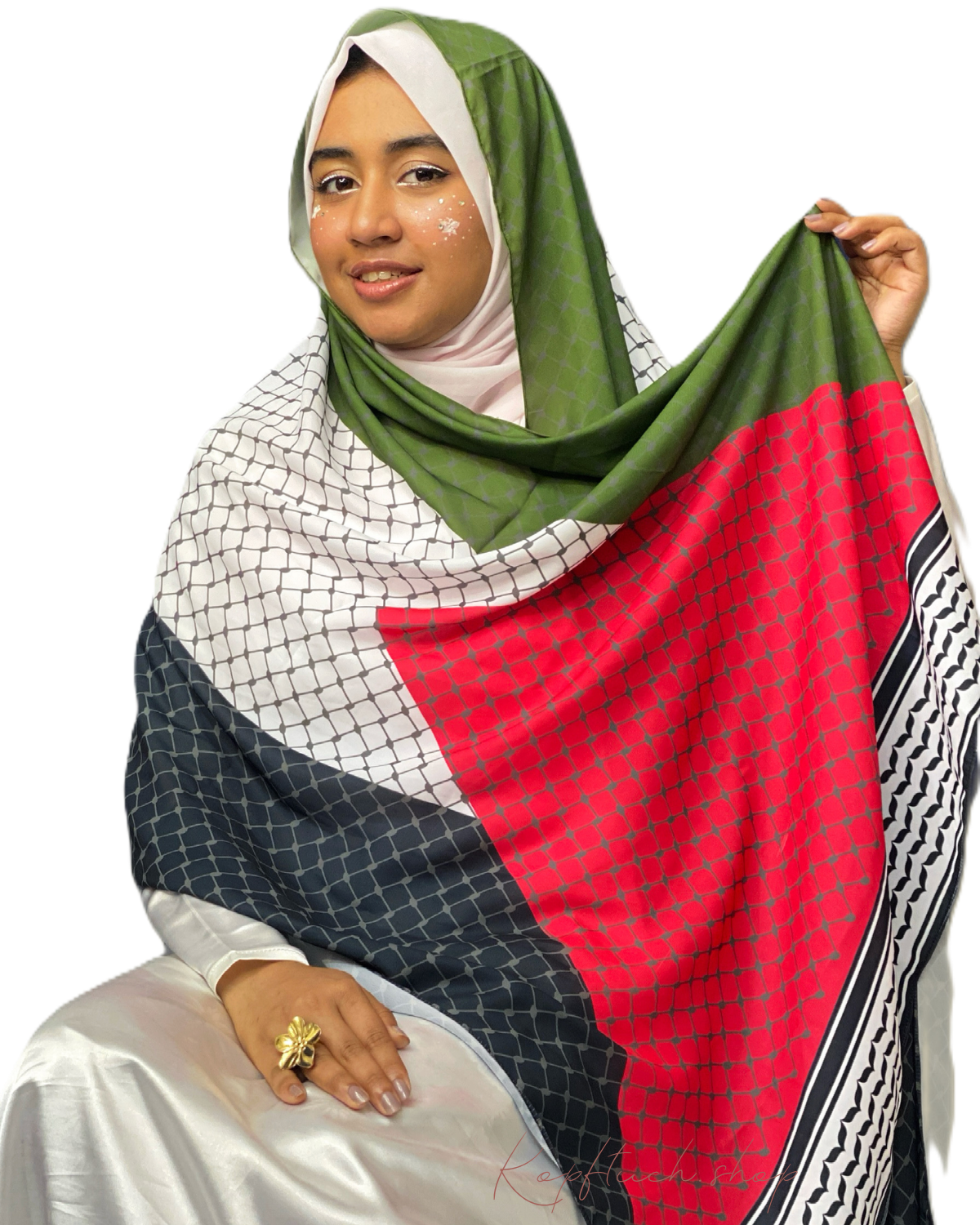Keffiyeh Hijab Olivgrün-Rot-Schwarz-Weiß – Premium Diamond Georgette