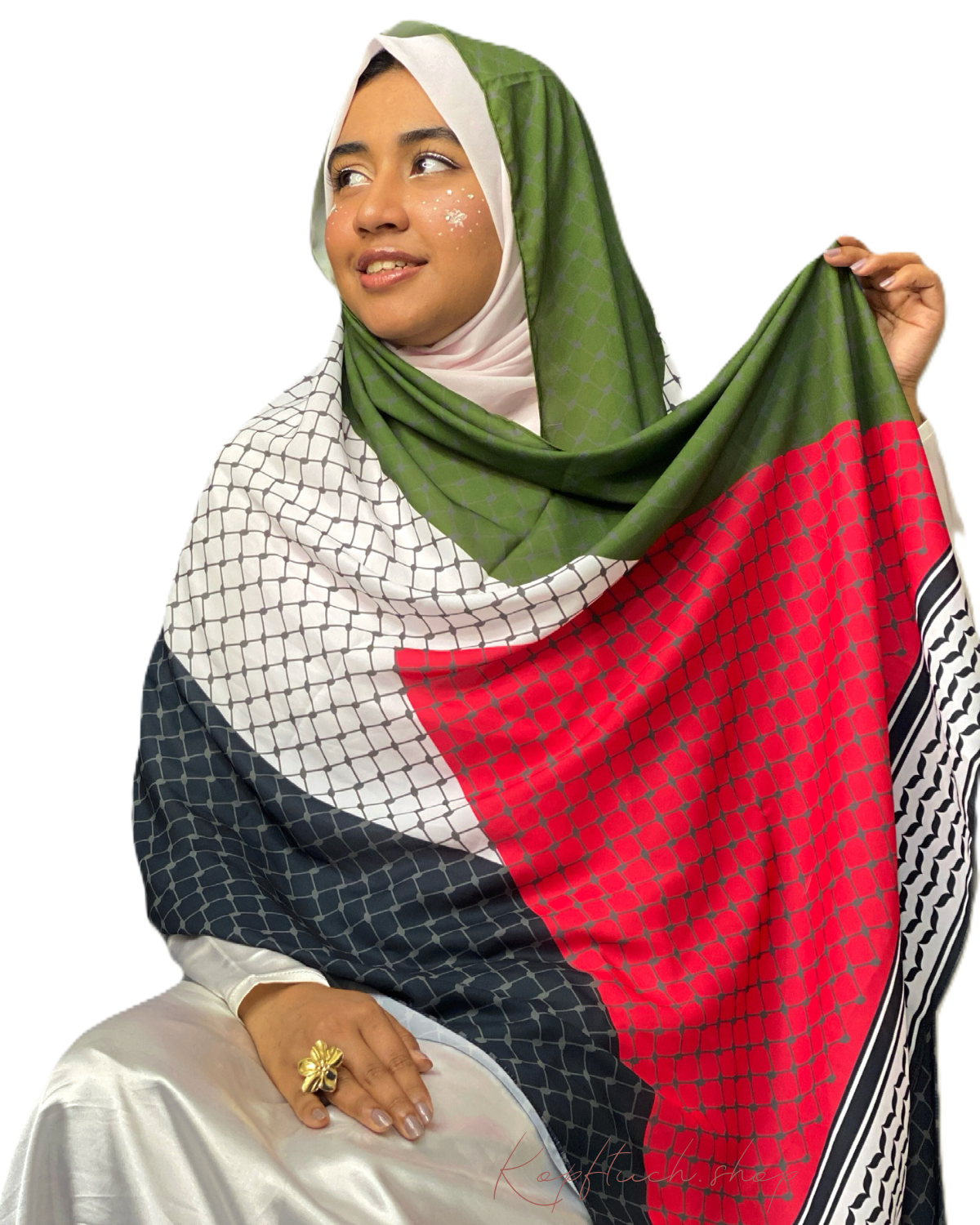 Keffiyeh Hijab Olivgrün-Rot-Schwarz-Weiß – Premium Diamond Georgette