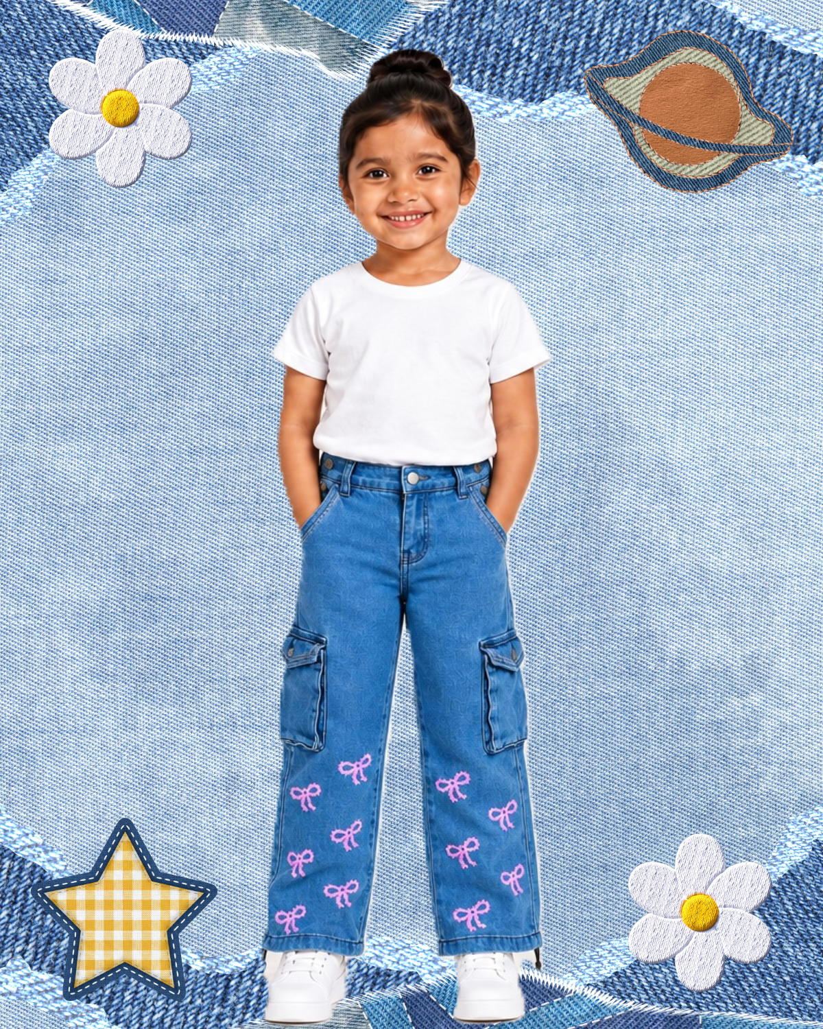 Mädchen Cargo-Jeans mit rosa Schleifenstickerei
