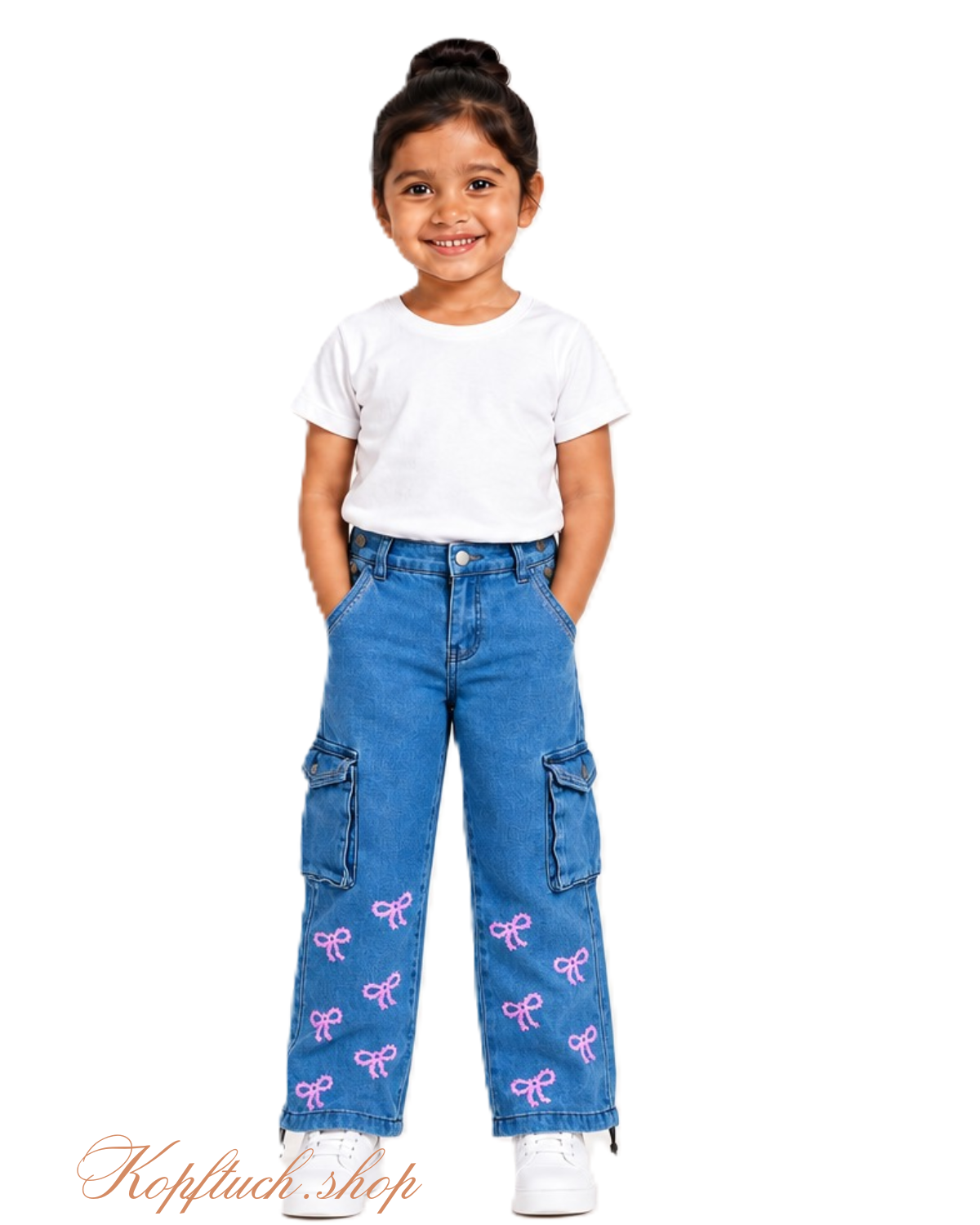 Mädchen Cargo-Jeans mit rosa Schleifenstickerei