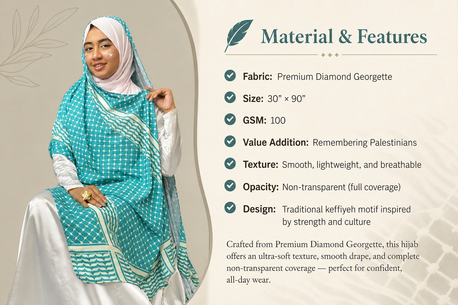 Palästina-Hijab Türkis-Creme mit Keffiyeh-Muster