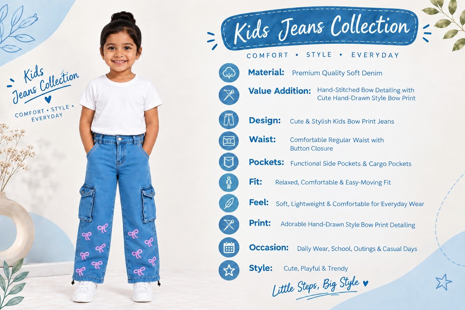 Mädchen Cargo-Jeans mit rosa Schleifenstickerei