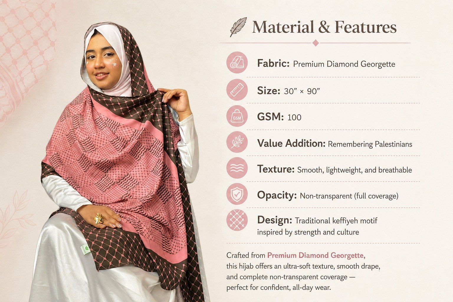 Palästina-Hijab Rosa-Braun mit Keffiyeh-Muster